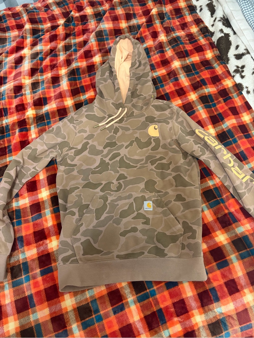 Carhartt Green Camo Hooded Sweatshirt with Yellow Logo